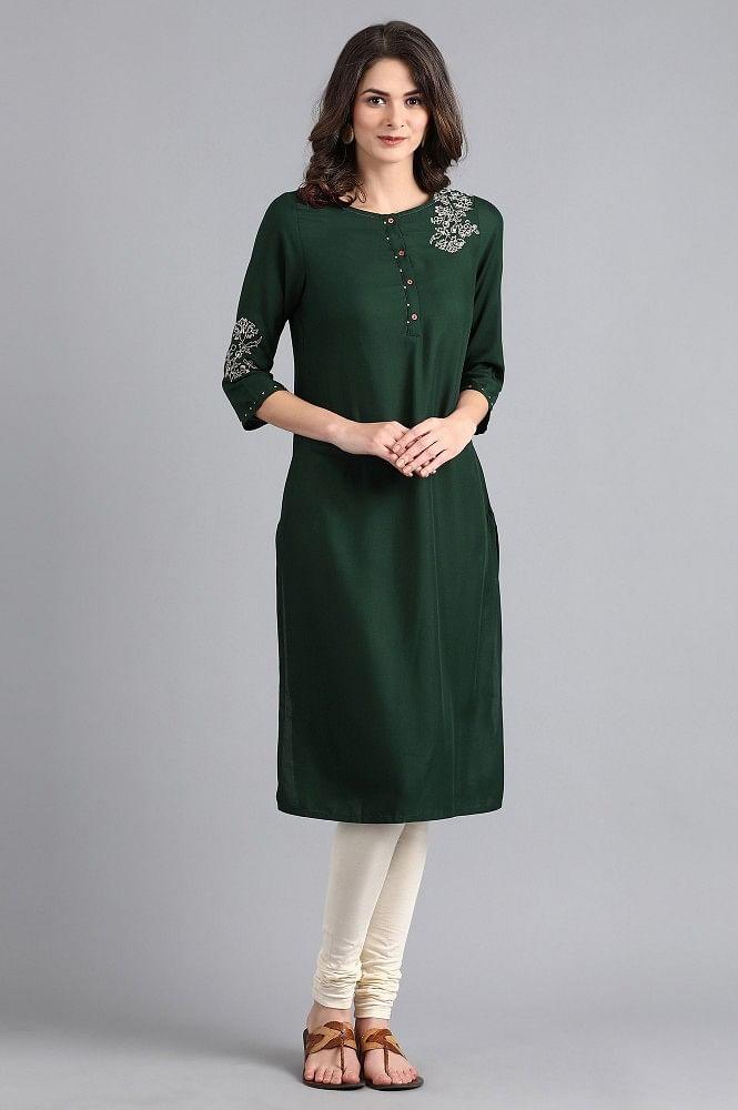 Green Round Neck Printed kurta - wforwoman