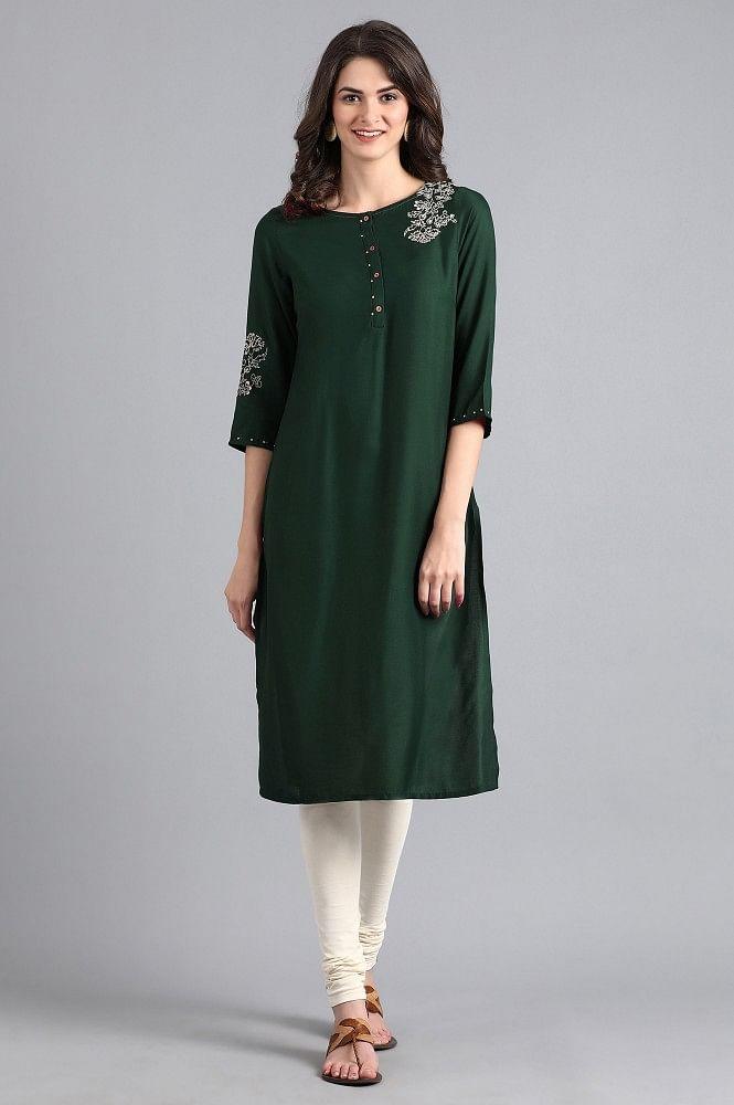 Green Round Neck Printed kurta - wforwoman