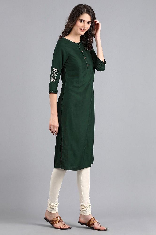 Green Round Neck Printed kurta - wforwoman