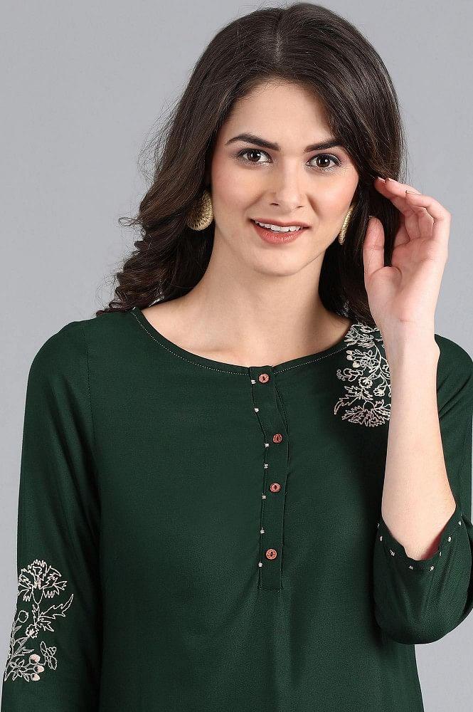 Green Round Neck Printed kurta - wforwoman