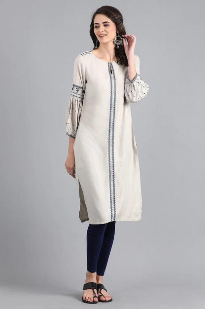 Ecru Round Neck Printed kurta - wforwoman