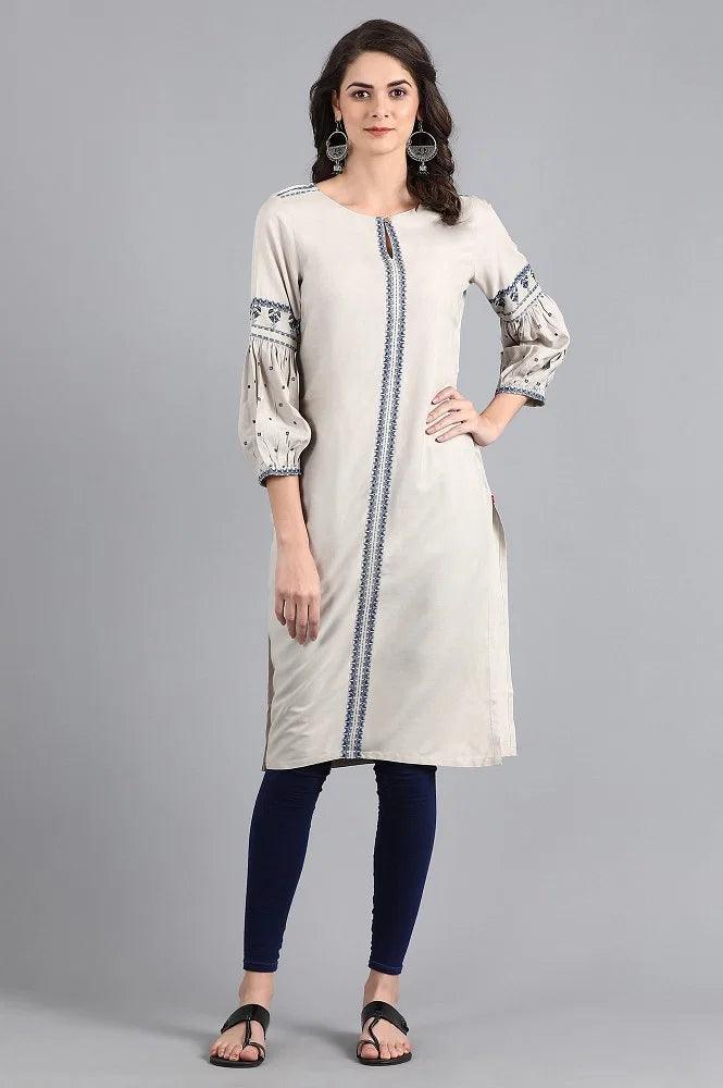 Ecru Round Neck Printed kurta - wforwoman