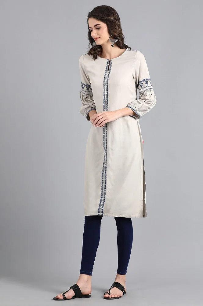 Ecru Round Neck Printed kurta - wforwoman