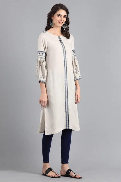 Ecru Round Neck Printed kurta - wforwoman