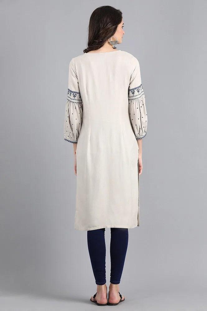 Ecru Round Neck Printed kurta - wforwoman