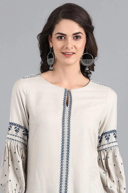 Ecru Round Neck Printed kurta - wforwoman