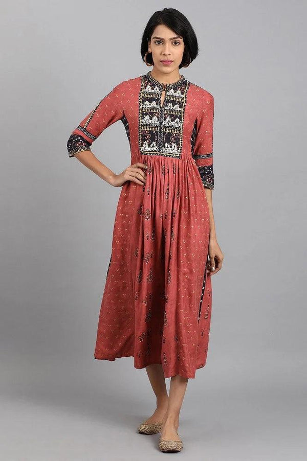 Red Mandarin Neck Gathered Dress