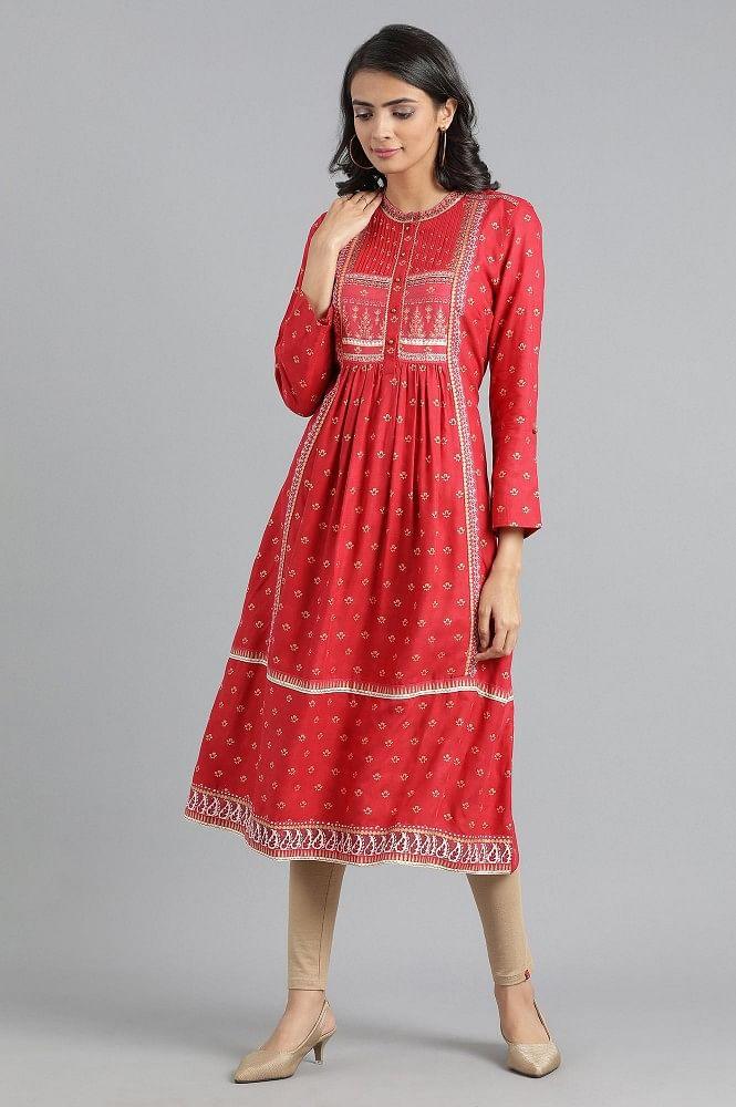 Red Round Neck Printed kurta - wforwoman