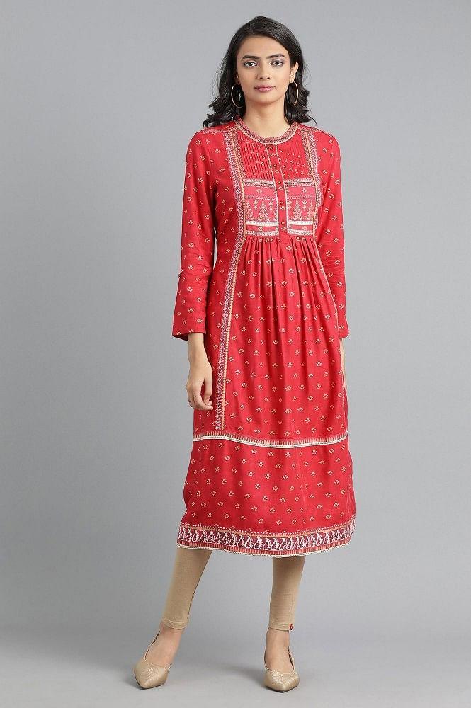 Red Round Neck Printed kurta - wforwoman