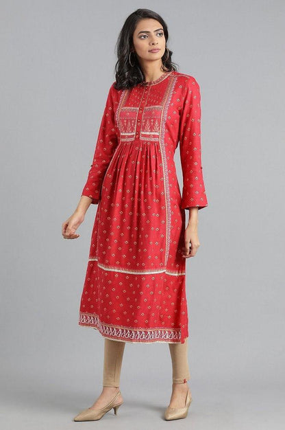 Red Round Neck Printed kurta - wforwoman