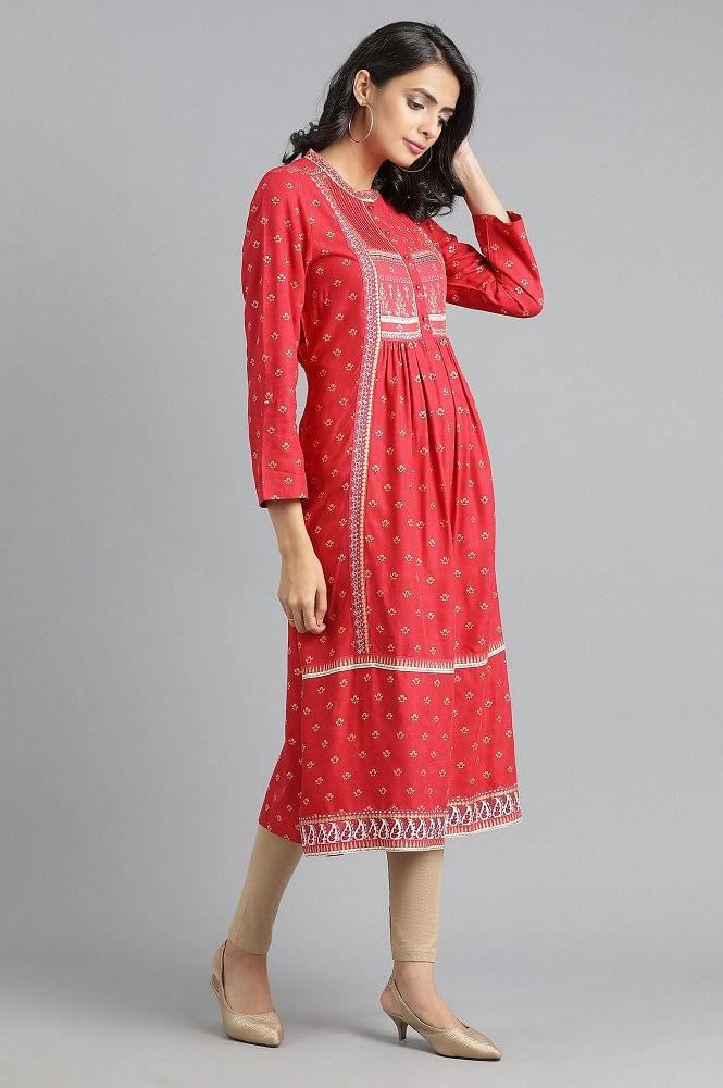 Red Round Neck Printed kurta - wforwoman