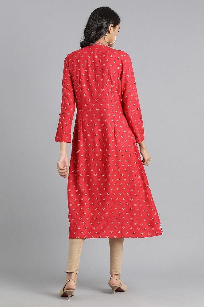 Red Round Neck Printed kurta - wforwoman