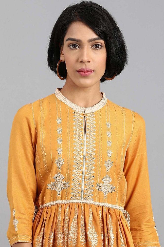 Yellow Mandarin Neck Embroidered kurta - wforwoman