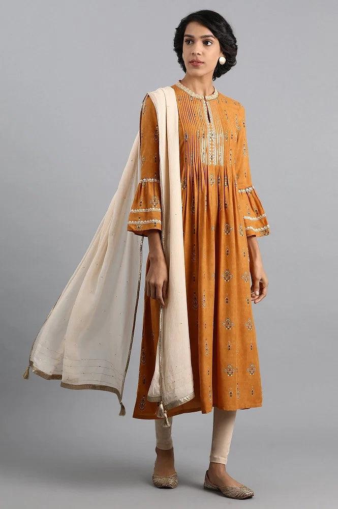 Yellow Mandarin Neck Printed kurta - wforwoman