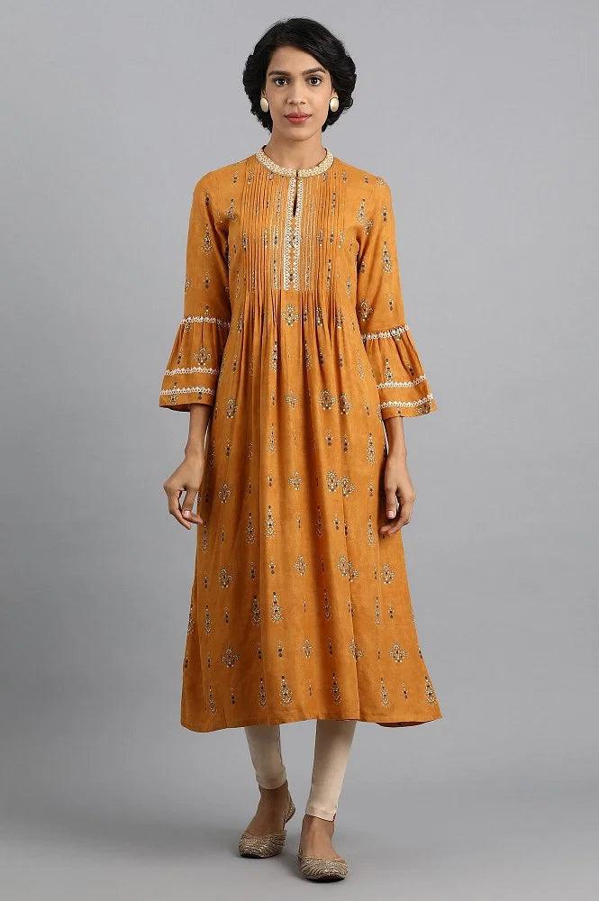 Yellow Mandarin Neck Printed kurta - wforwoman