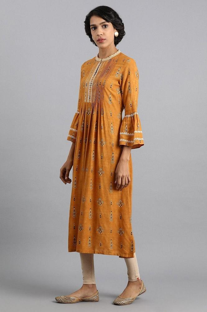 Yellow Mandarin Neck Printed kurta - wforwoman