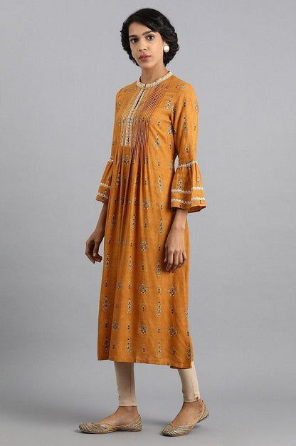 Yellow Mandarin Neck Printed kurta - wforwoman