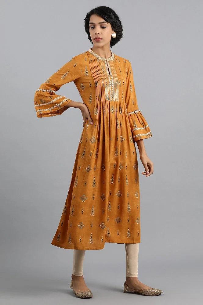 Yellow Mandarin Neck Printed kurta - wforwoman