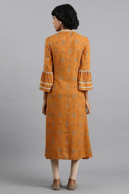 Yellow Mandarin Neck Printed kurta - wforwoman