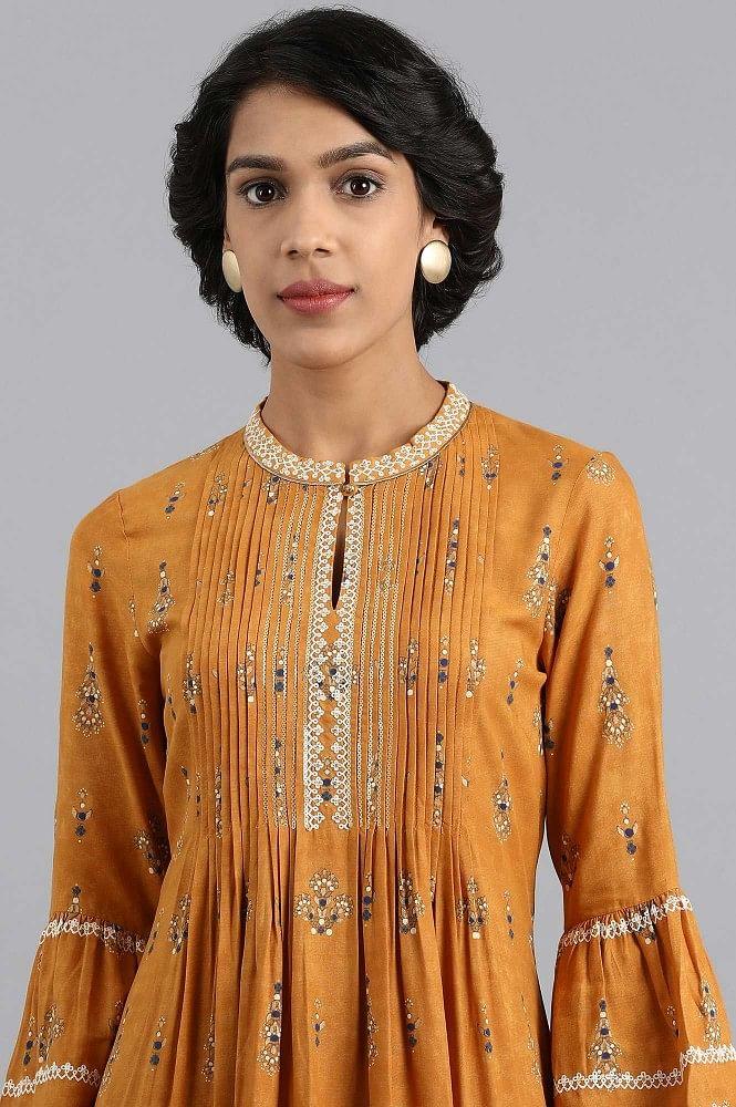 Yellow Mandarin Neck Printed kurta - wforwoman