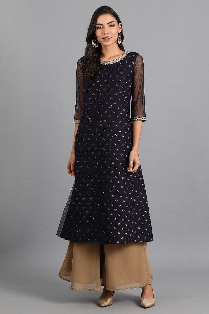 Blue Round Neck Printed kurta - wforwoman