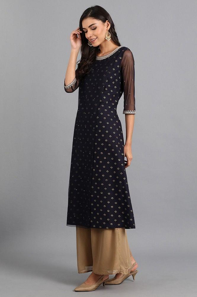 Blue Round Neck Printed kurta - wforwoman