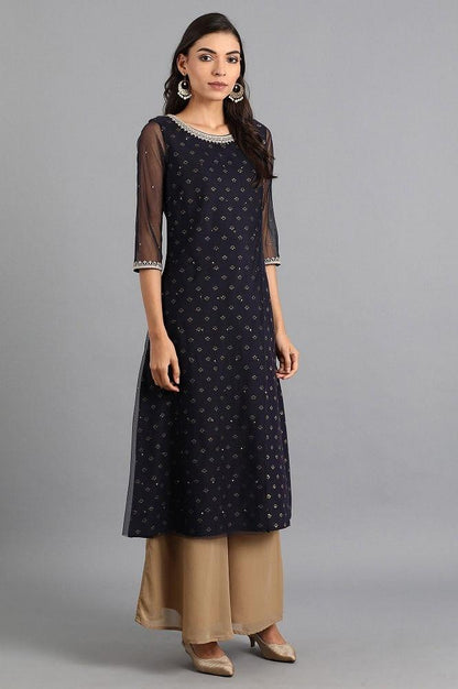 Blue Round Neck Printed kurta - wforwoman