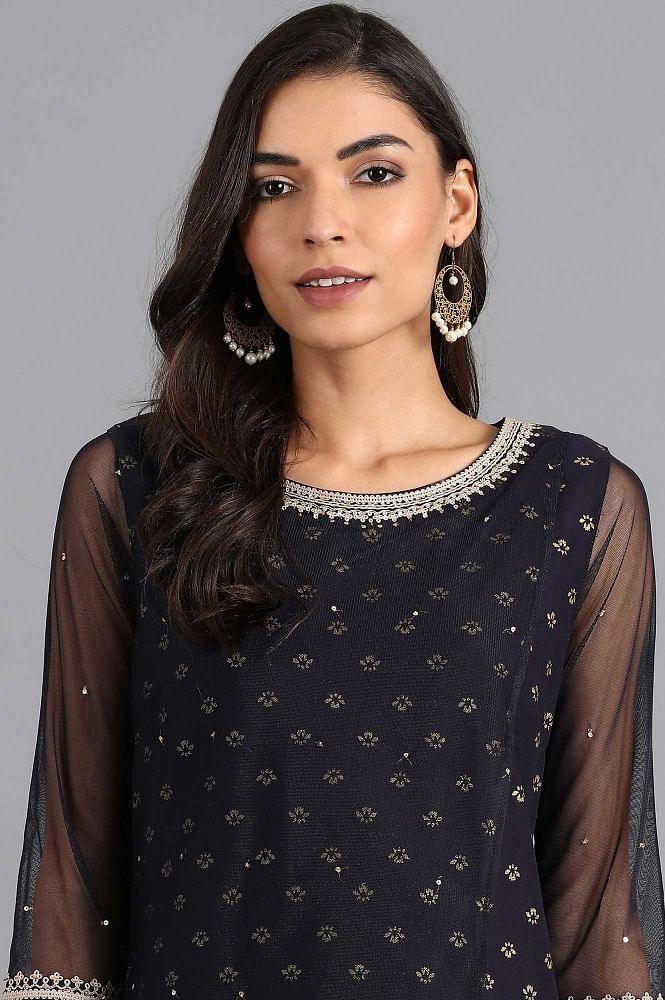 Blue Round Neck Printed kurta - wforwoman