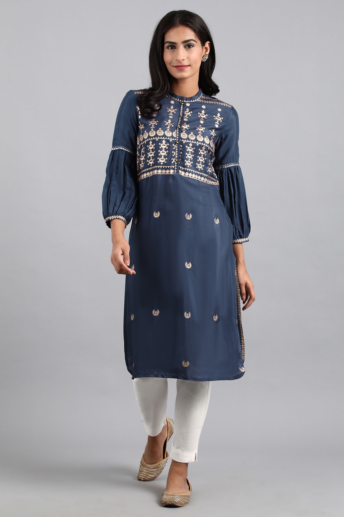 Blue Mandarin Neck Printed kurta