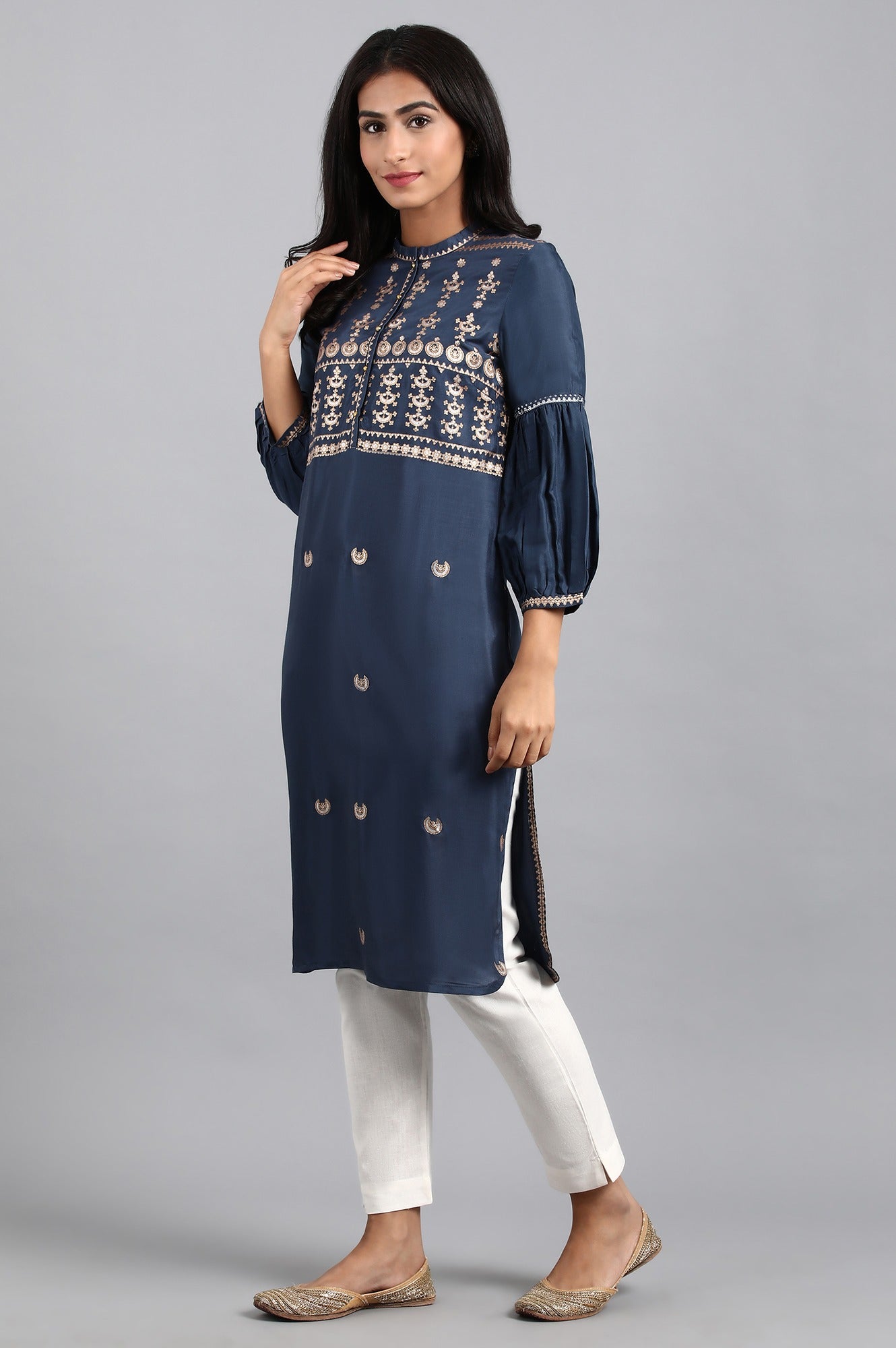 Blue Mandarin Neck Printed kurta