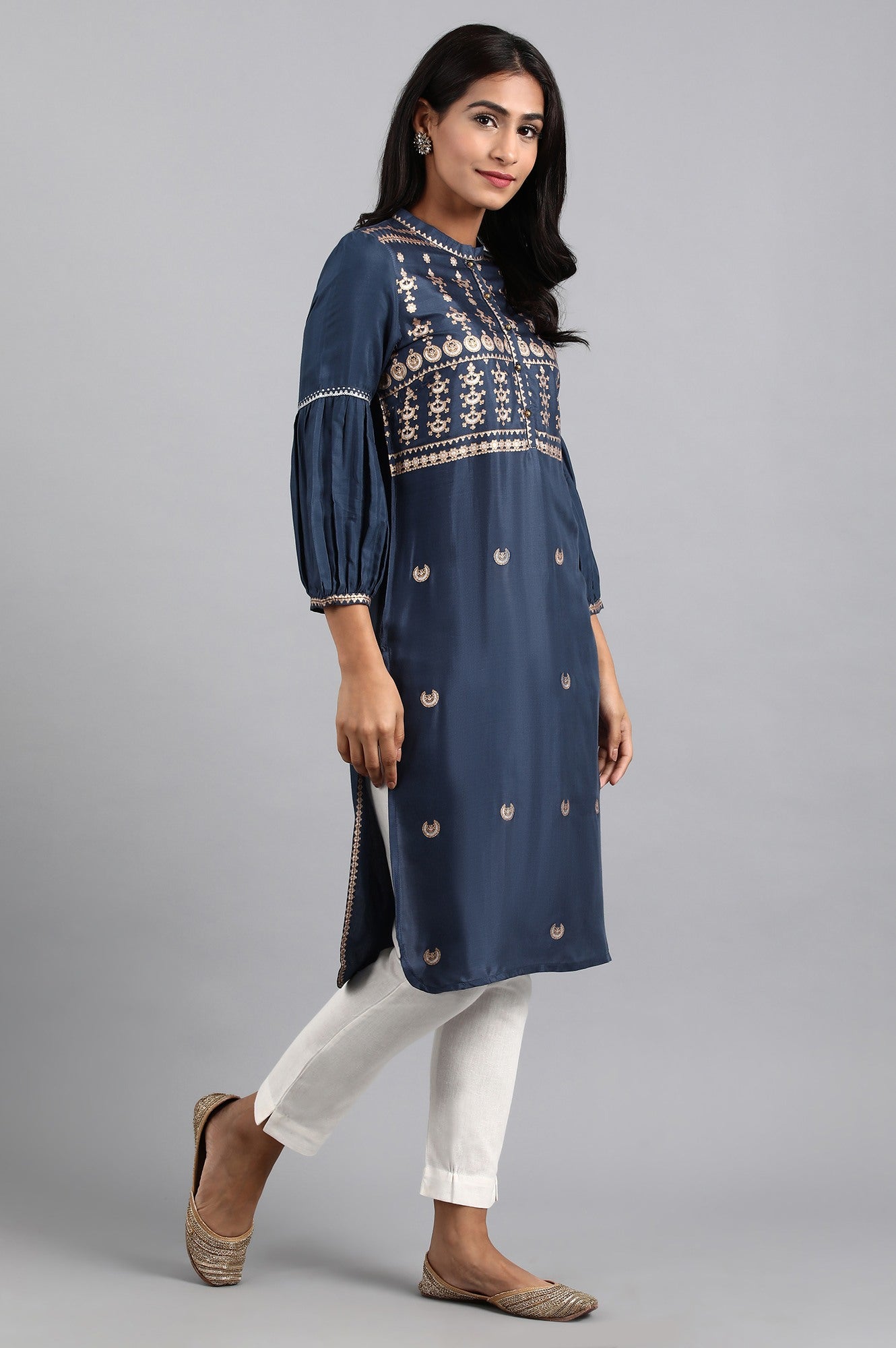 Blue Mandarin Neck Printed kurta