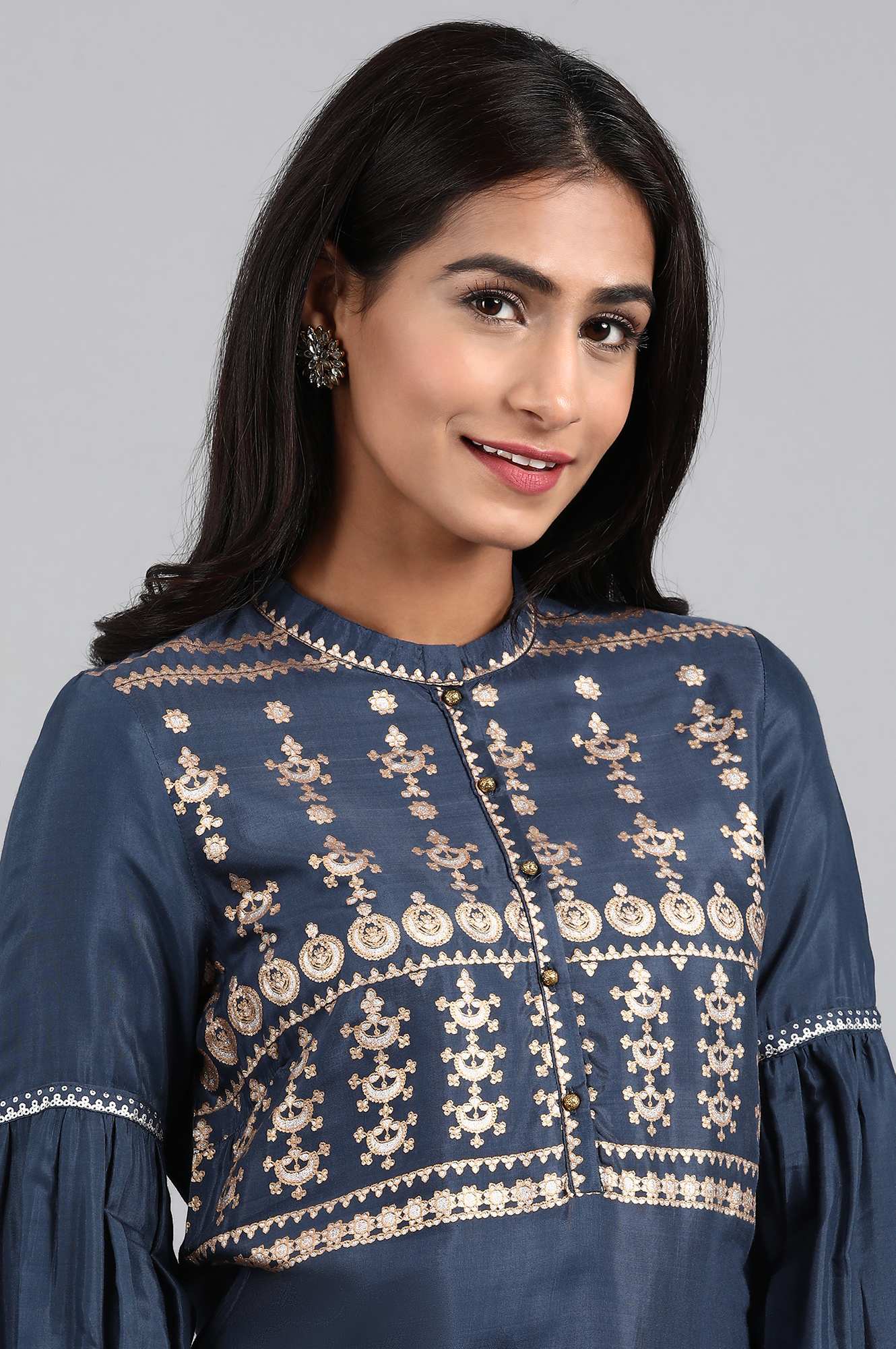 Blue Mandarin Neck Printed kurta