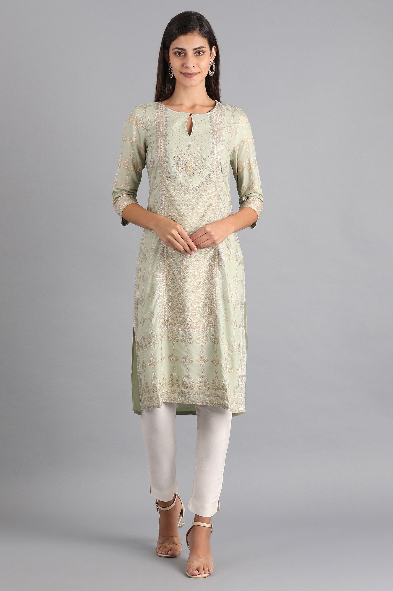 Green Round Neck Printed kurta