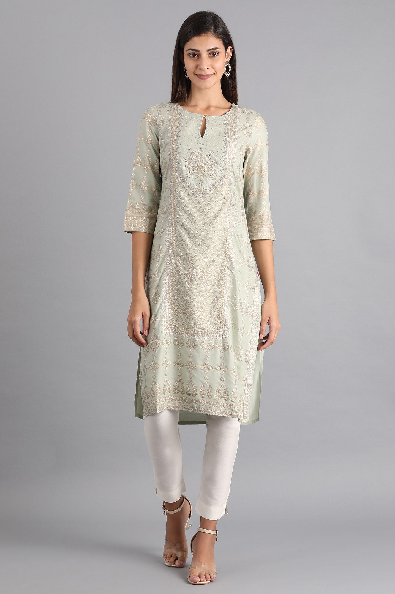 Green Round Neck Printed kurta