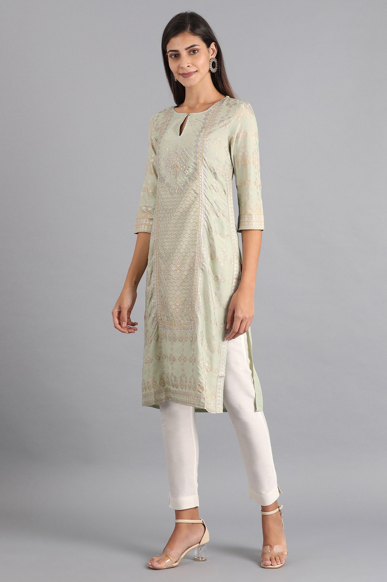 Green Round Neck Printed kurta