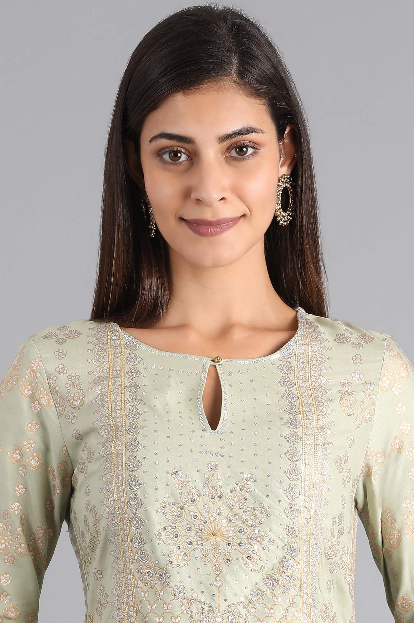 Green Round Neck Printed kurta