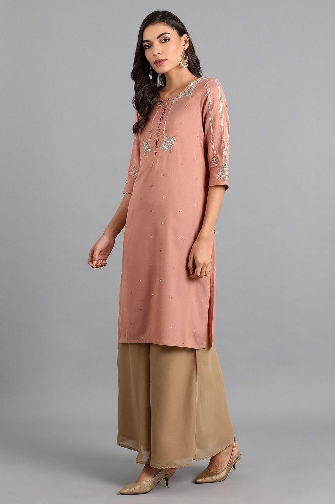 Pink Round Neck Printed kurta - wforwoman