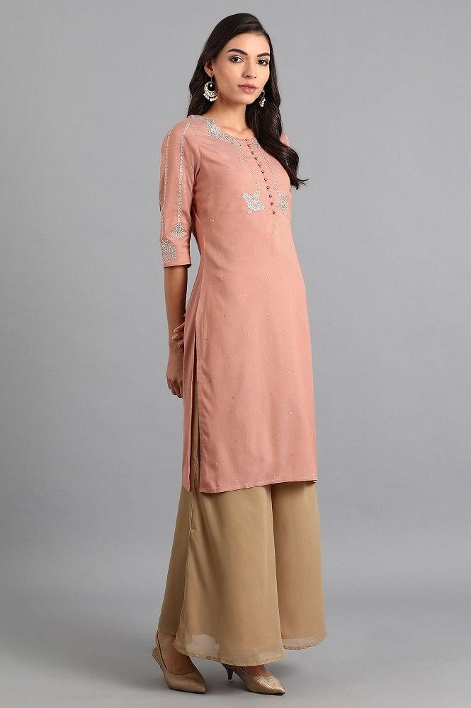 Pink Round Neck Printed kurta - wforwoman