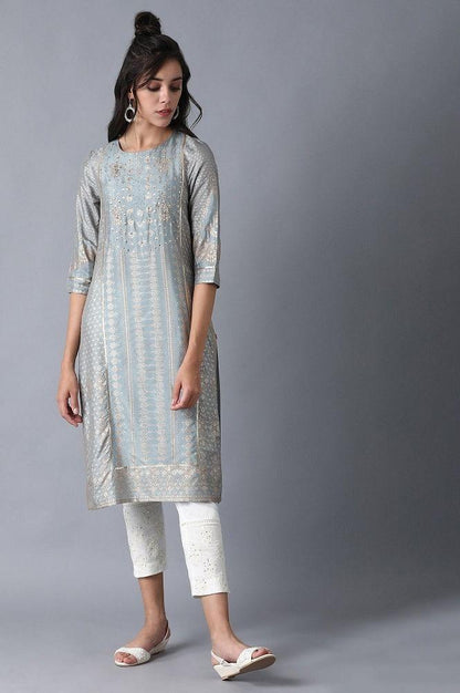 Blue Round Neck Printed kurta - wforwoman