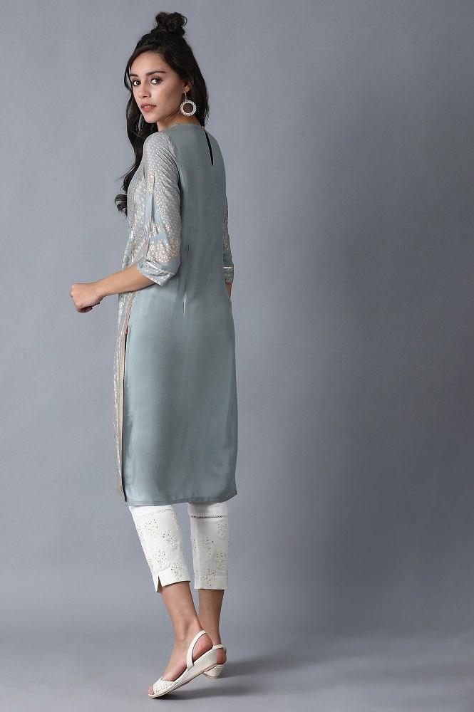 Blue Round Neck Printed kurta - wforwoman