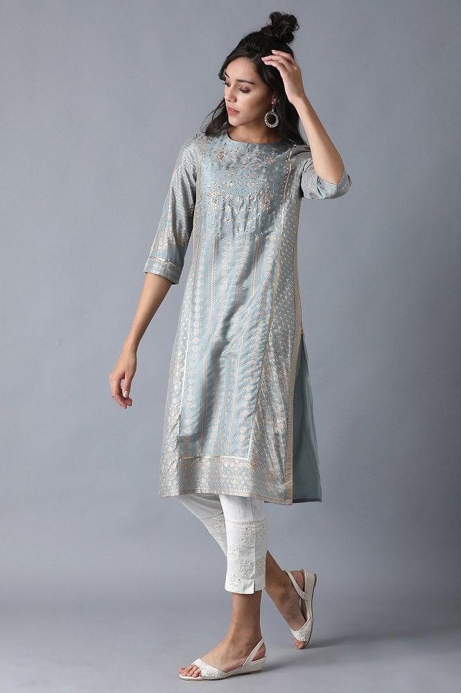 Blue Round Neck Printed kurta - wforwoman