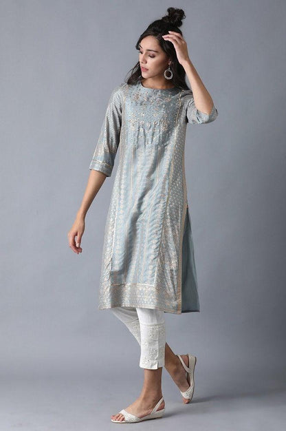 Blue Round Neck Printed kurta - wforwoman