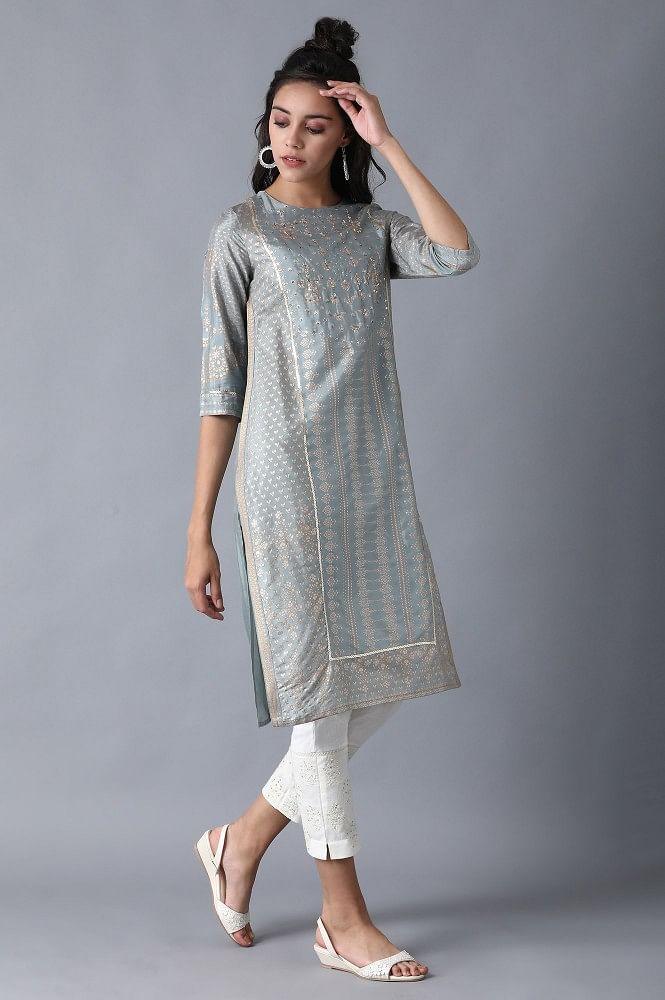 Blue Round Neck Printed kurta - wforwoman