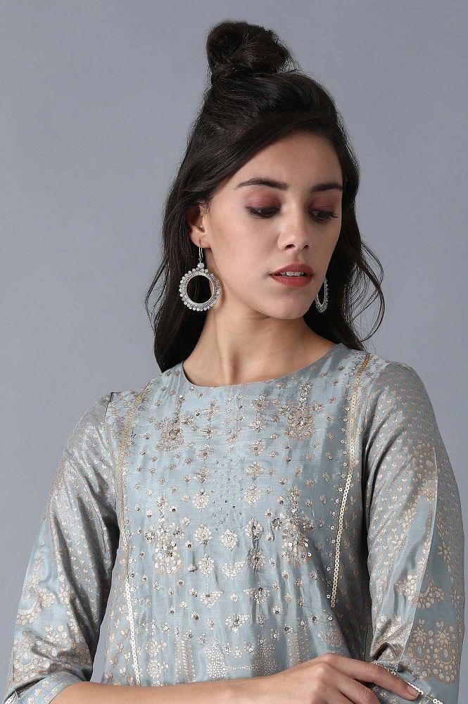 Blue Round Neck Printed kurta - wforwoman