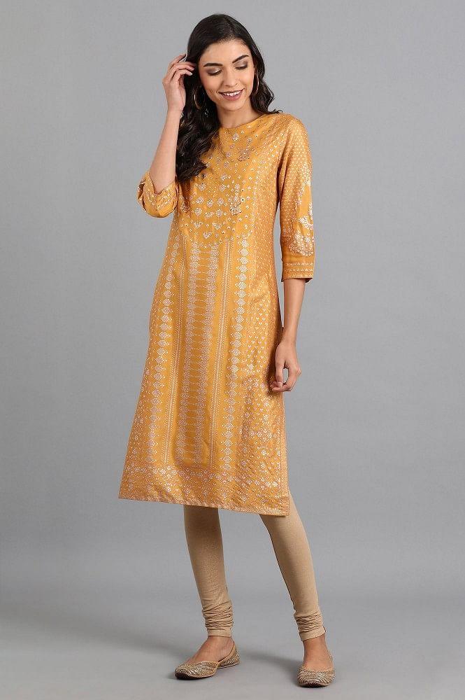 Mustard Round Neck Printed kurta - wforwoman