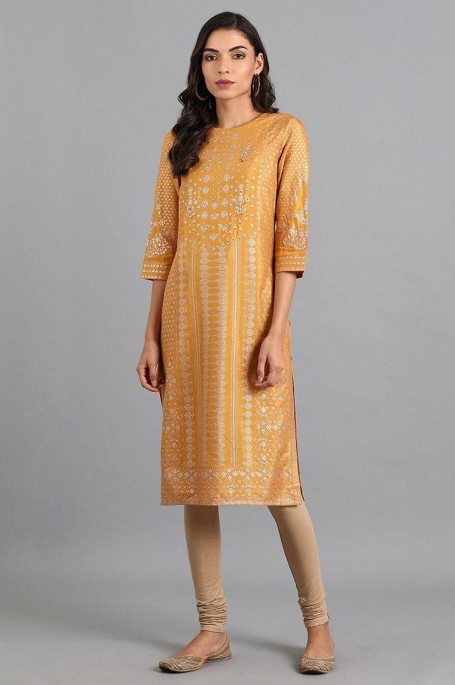 Mustard Round Neck Printed kurta - wforwoman