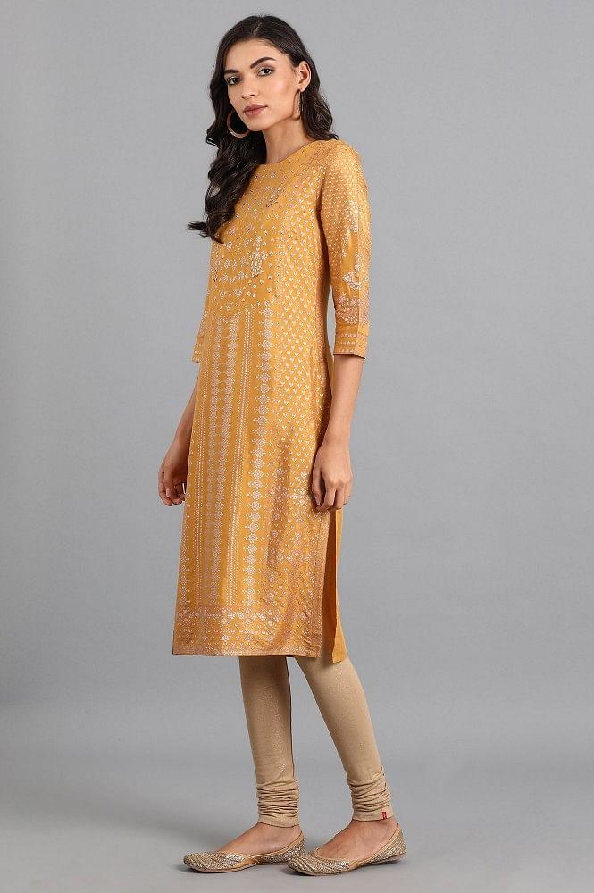 Mustard Round Neck Printed kurta - wforwoman