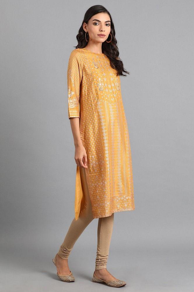 Mustard Round Neck Printed kurta - wforwoman