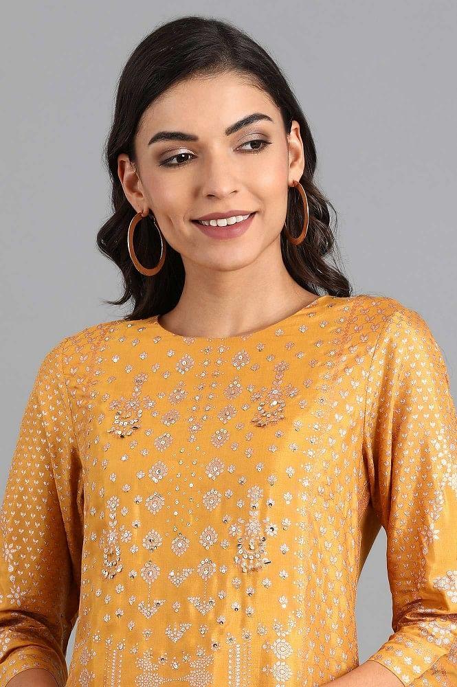 Mustard Round Neck Printed kurta - wforwoman