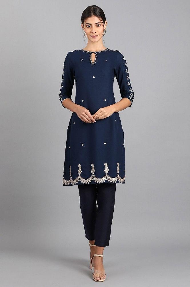 Blue Round Neck Printed kurta - wforwoman